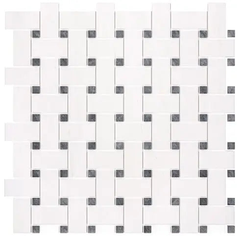 Bianco Dolomite basketweave mosaic with blue-gray accent dots.
