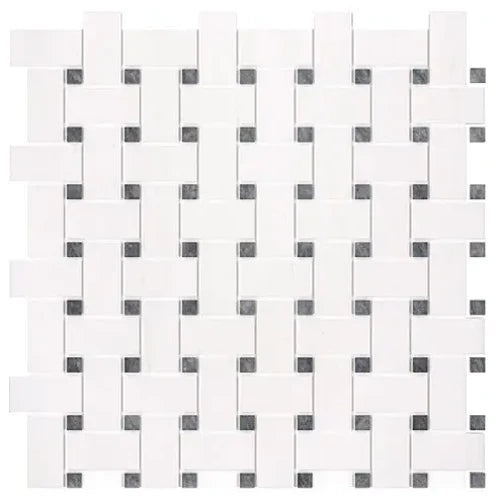 Bianco Dolomite basketweave mosaic with blue-gray accent dots.