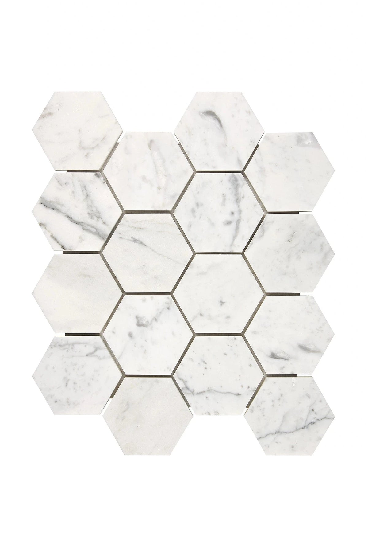 Carrara White Gioia marble 3-inch hexagon mosaic in polished or honed finish.