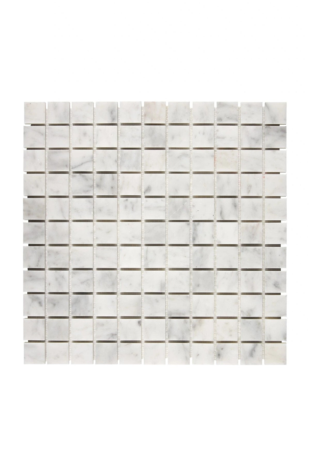 Carrara White Gioia marble 1×1 square mosaic in polished or honed finish.