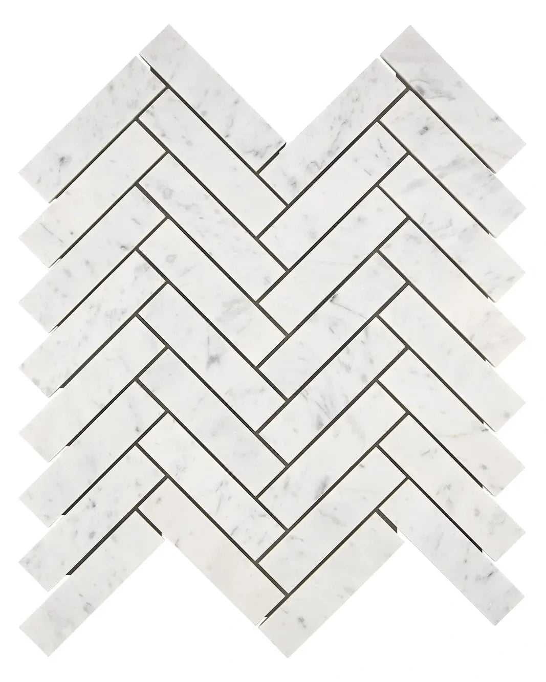 Carrara White Gioia marble 1×4 herringbone mosaic in polished or honed finish.