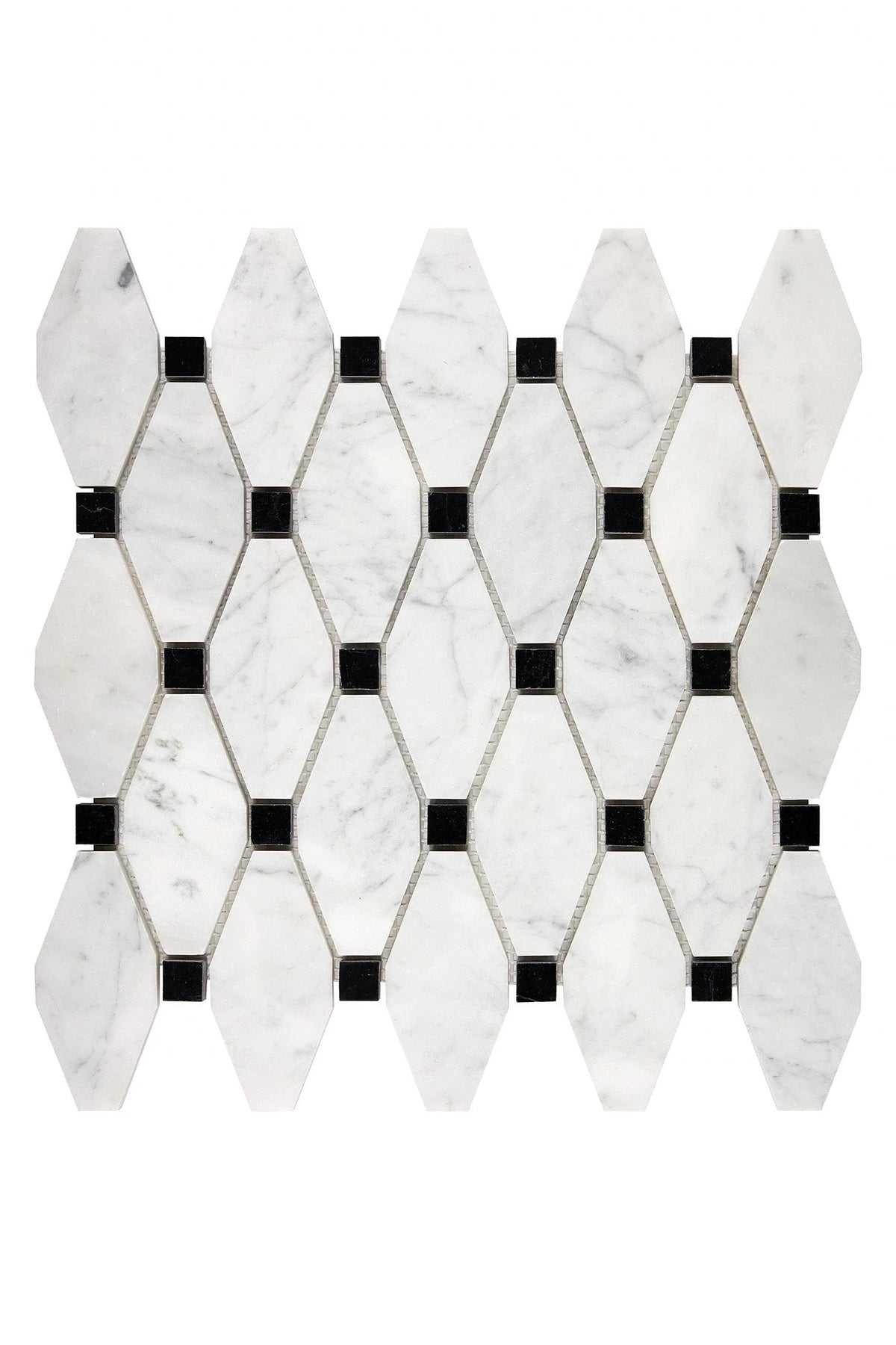 Carrara White Gioia elongated hexagon mosaic with black dots in polished or honed finish.