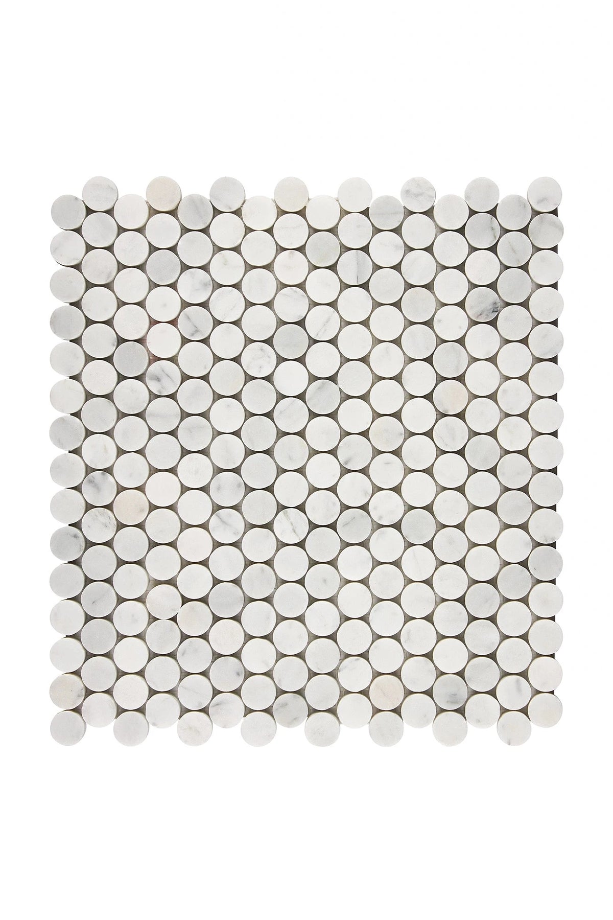 Carrara White Gioia penny round marble mosaic in polished or honed finish.