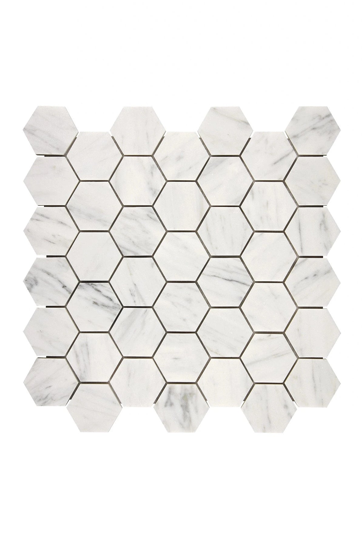Carrara White Gioia marble 2-inch hexagon mosaic in polished or honed finish.