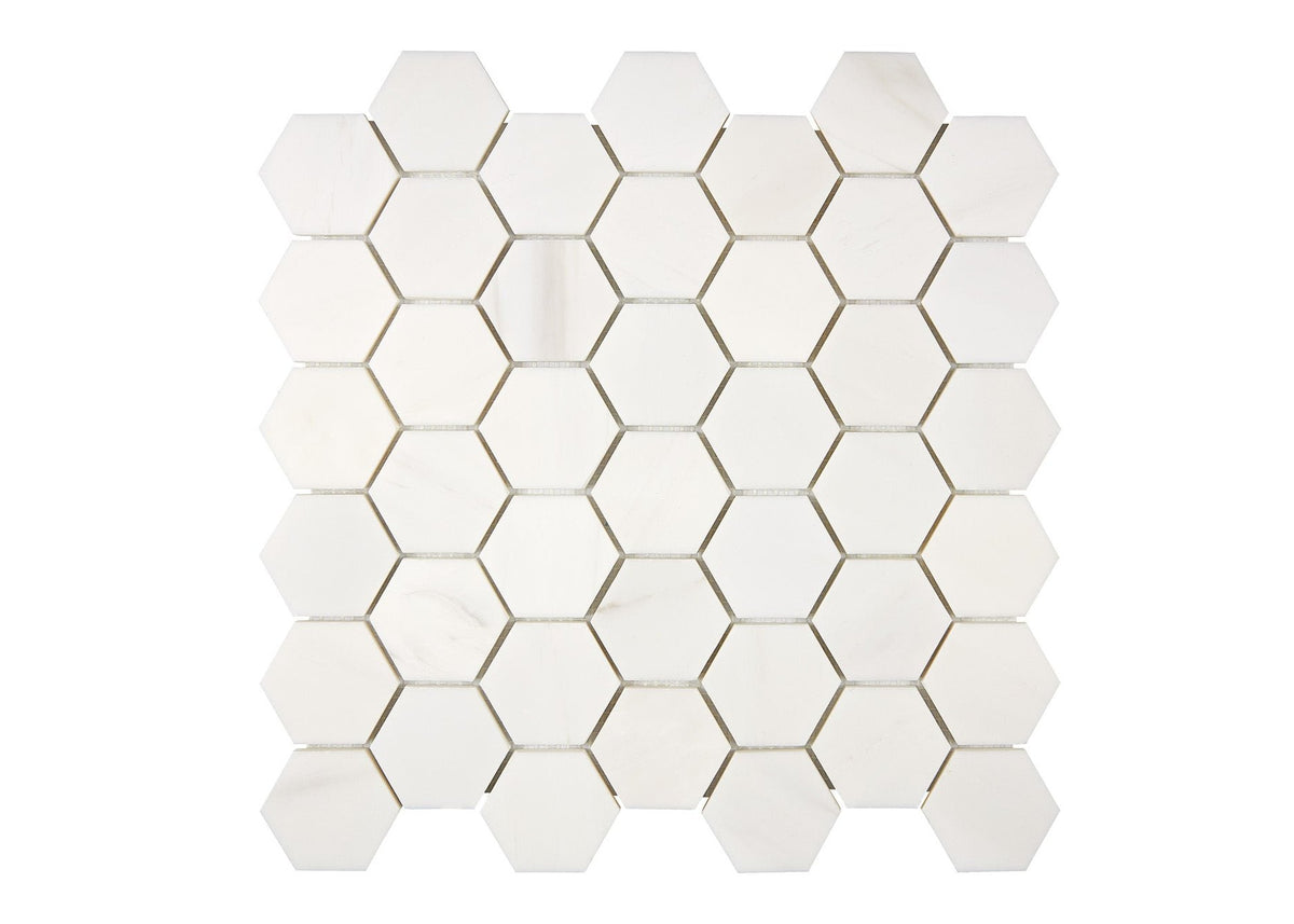 Bianco Dolomite marble 2-inch hexagon mesh-mounted mosaic sheet reference.