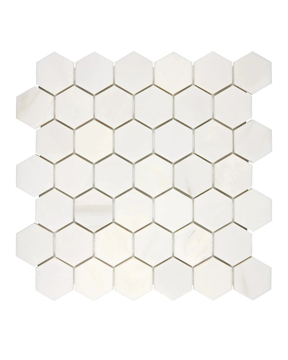 Bianco Dolomite marble 2-inch hexagon mosaic in a polished or honed finish.