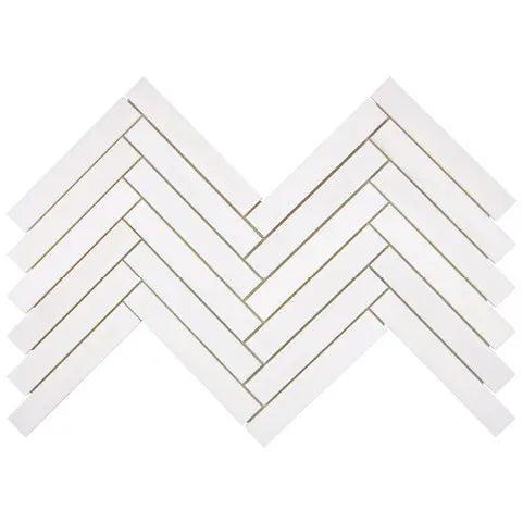 Bianco Dolomite polished 1×6 herringbone marble mosaic.