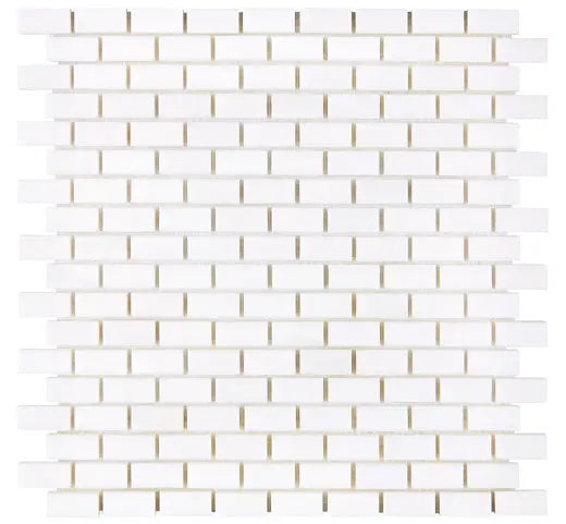 Bianco Dolomite 5/8 x 1 1/4 polished mini brick mosaic tile for elegant kitchen backsplashes and bathroom walls.