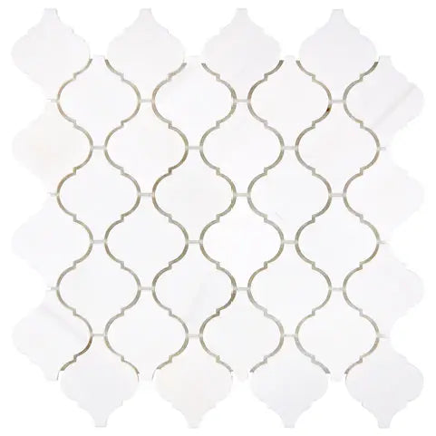 Bianco Dolomite honed arabesque marble mosaic.