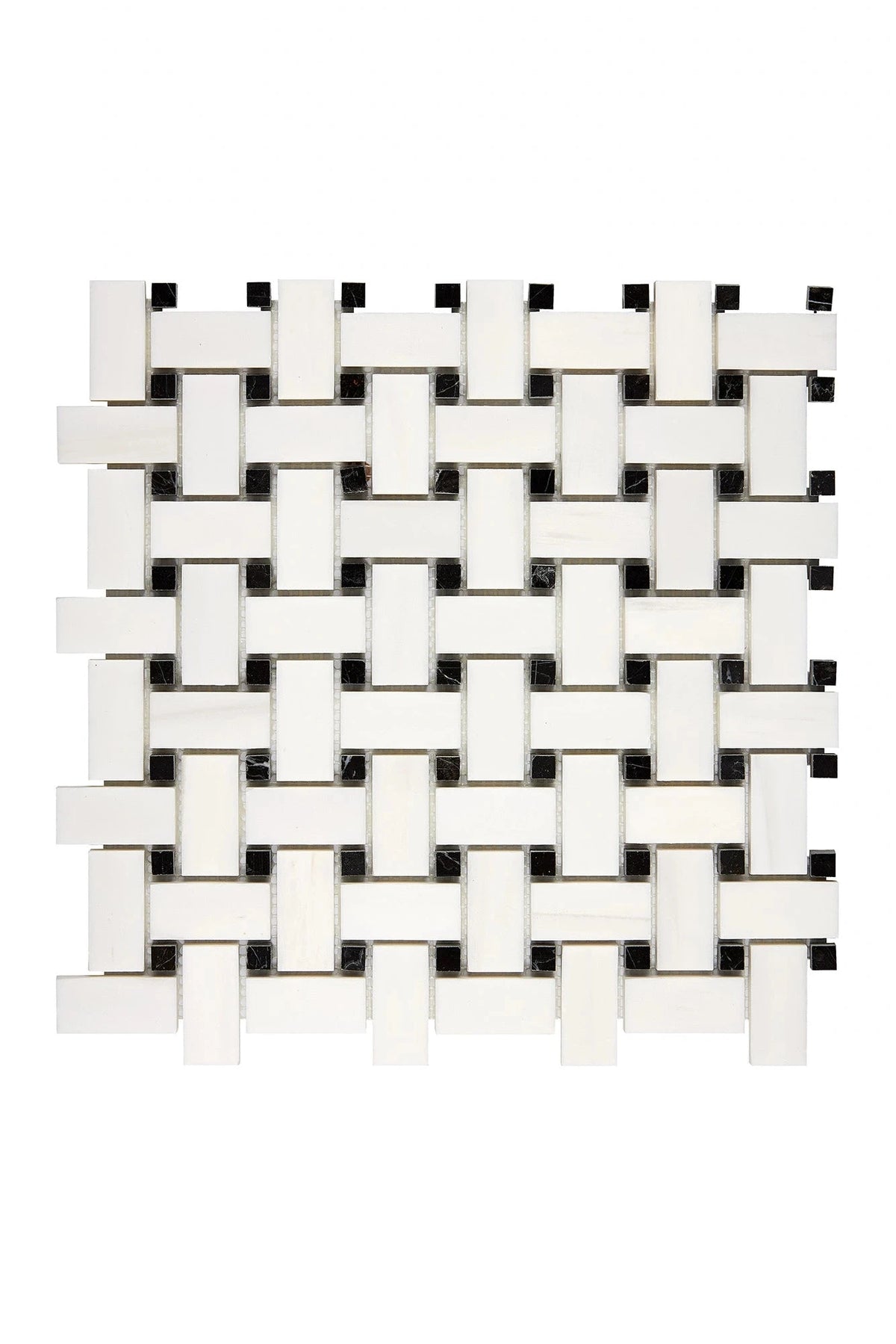 Bianco Dolomite basketweave marble mosaic with black dots in polished or honed finish.