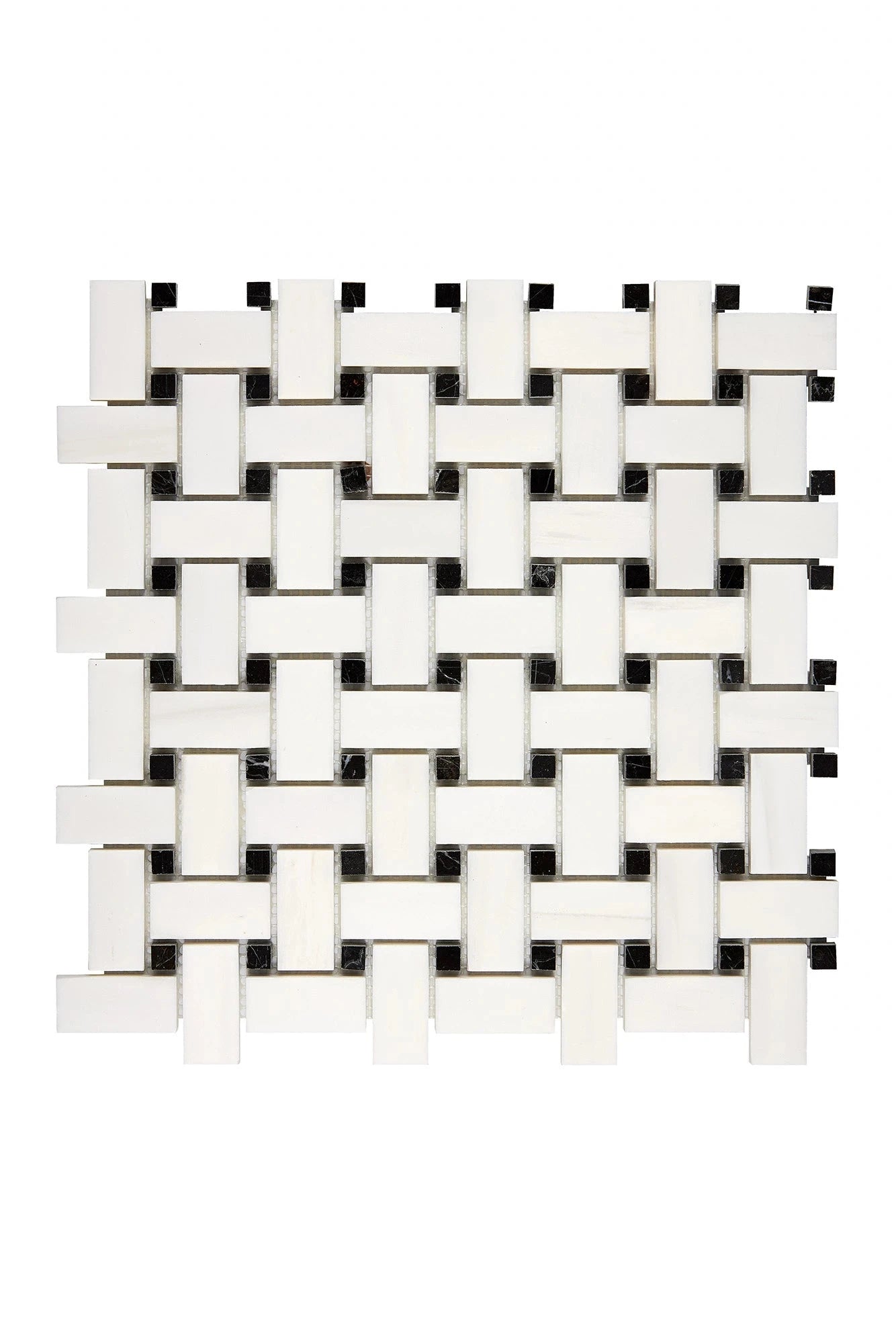 Bianco Dolomite Basketweave Mosaic with Black Dots - mosaic