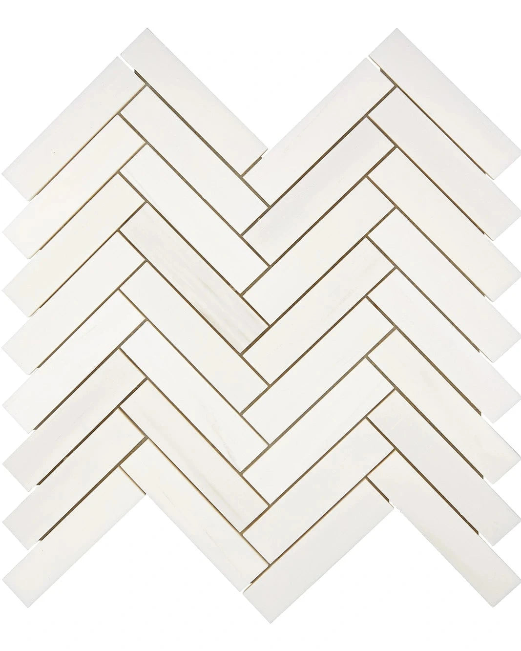 Bianco Dolomite 1×4 herringbone marble mosaic in polished or honed finish.