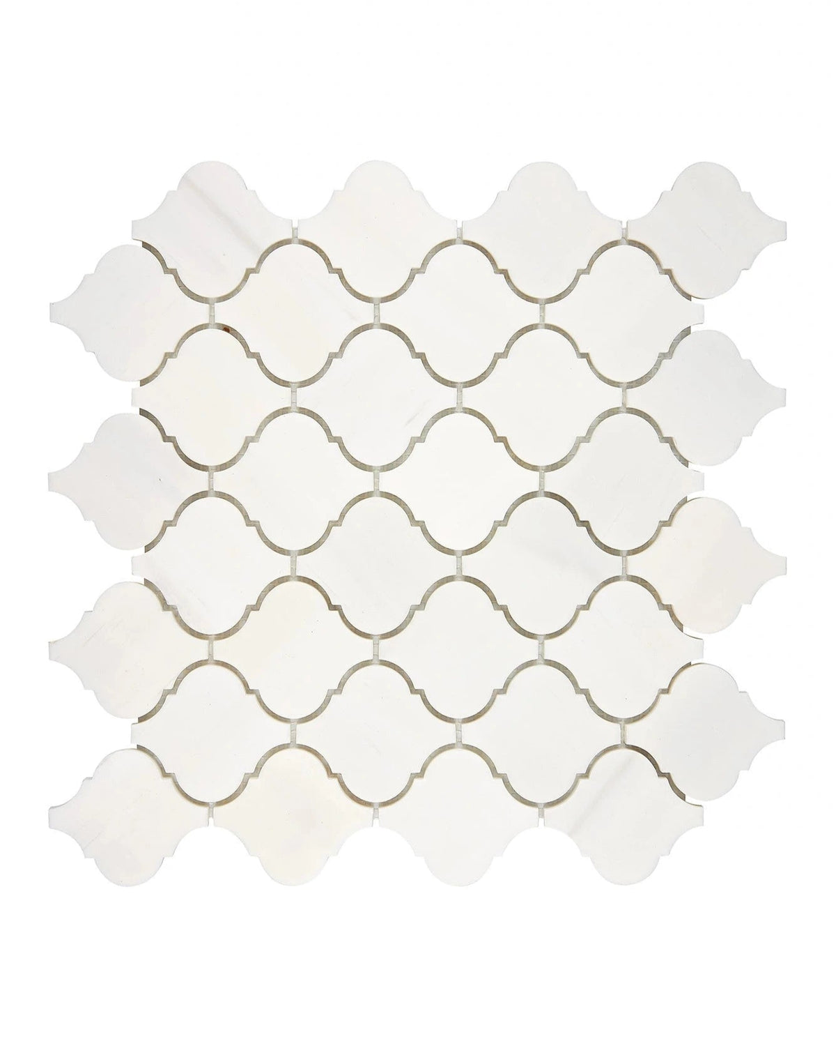 Bianco Dolomite arabesque marble mosaic in polished or honed finish.