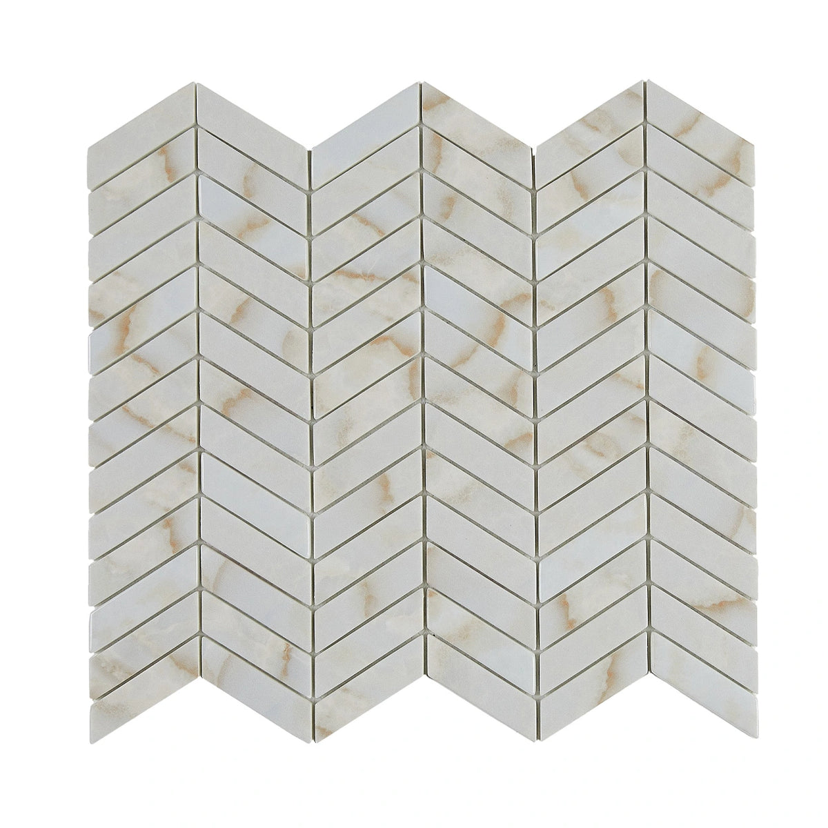 Blended Elegance Calacatta Oro pressed-glass chevron mosaic sheet.