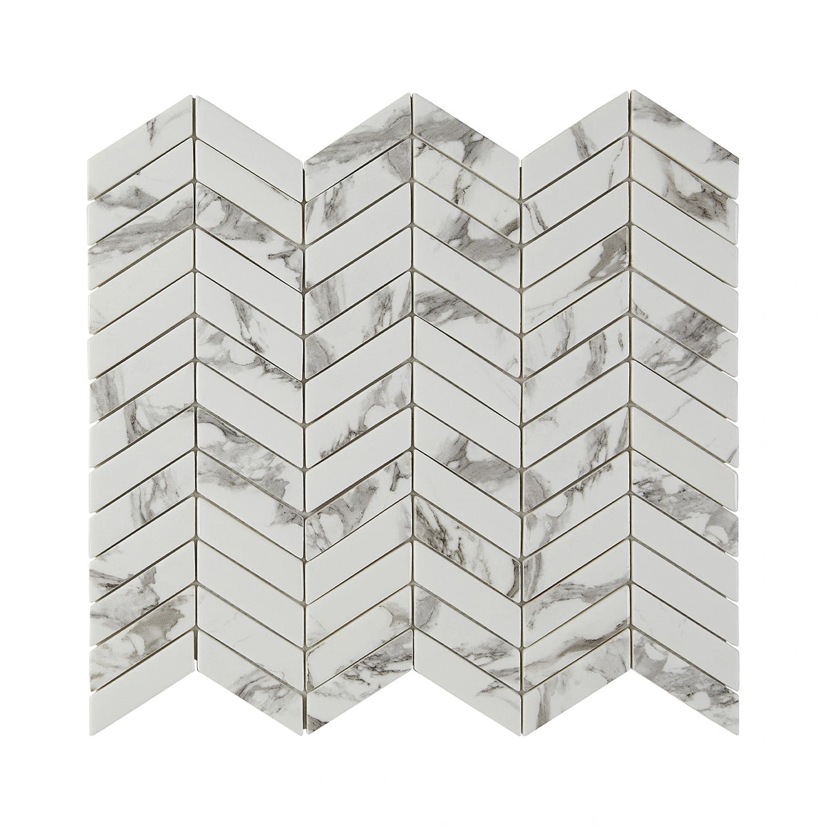 Blended Elegance White Carrara pressed-glass chevron mosaic sheet.