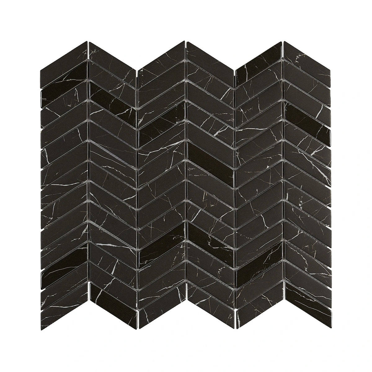 Blended Elegance Nero Marquina pressed-glass chevron mosaic sheet.