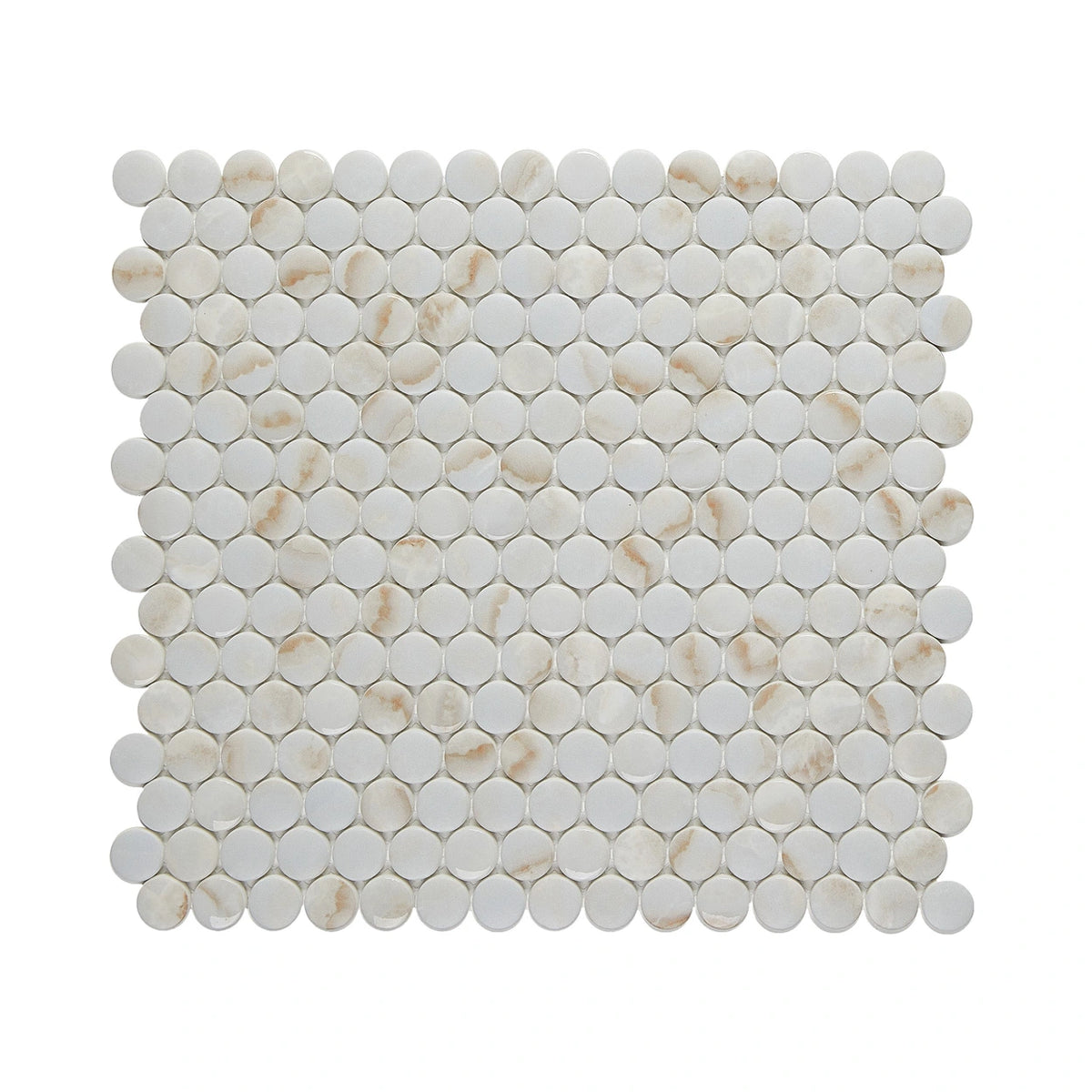 Blended Elegance Calacatta Oro pressed-glass penny-round mosaic sheet.