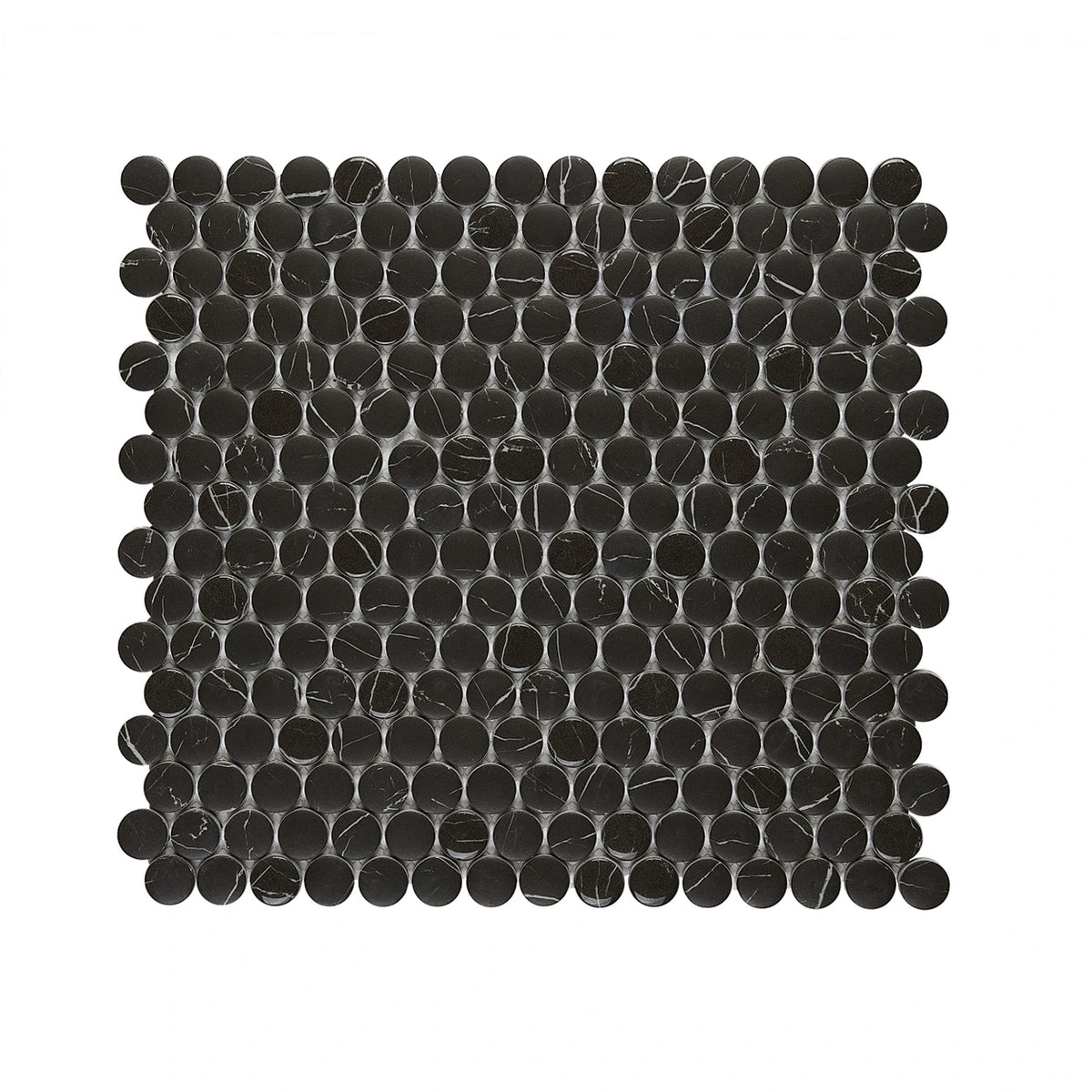 Blended Elegance Nero Marquina pressed-glass penny-round mosaic sheet.