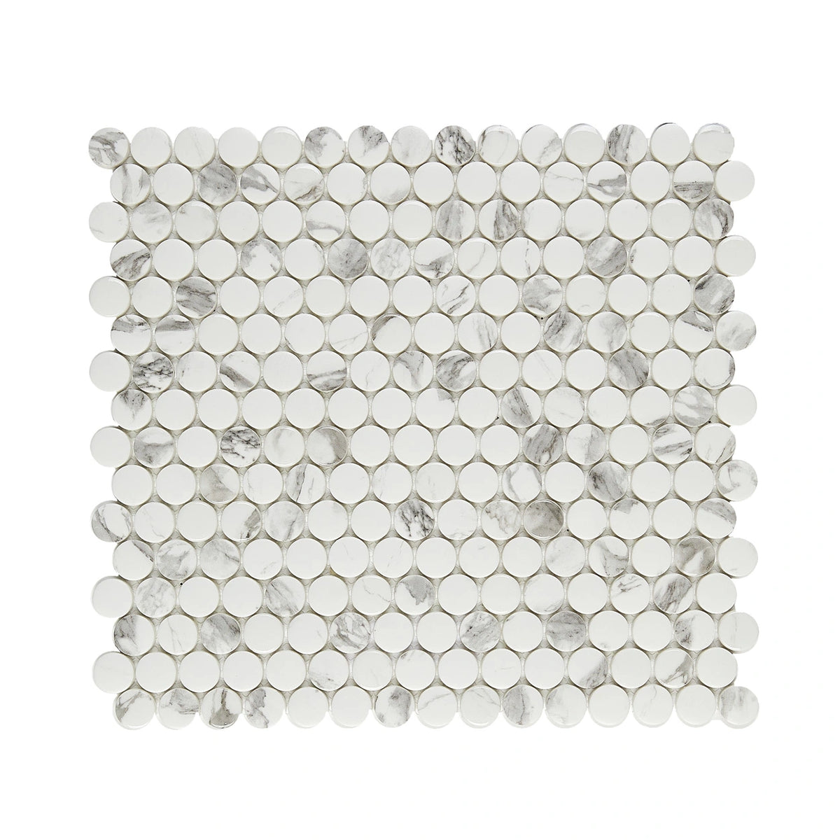 Blended Elegance White Carrara pressed-glass penny-round mosaic sheet.