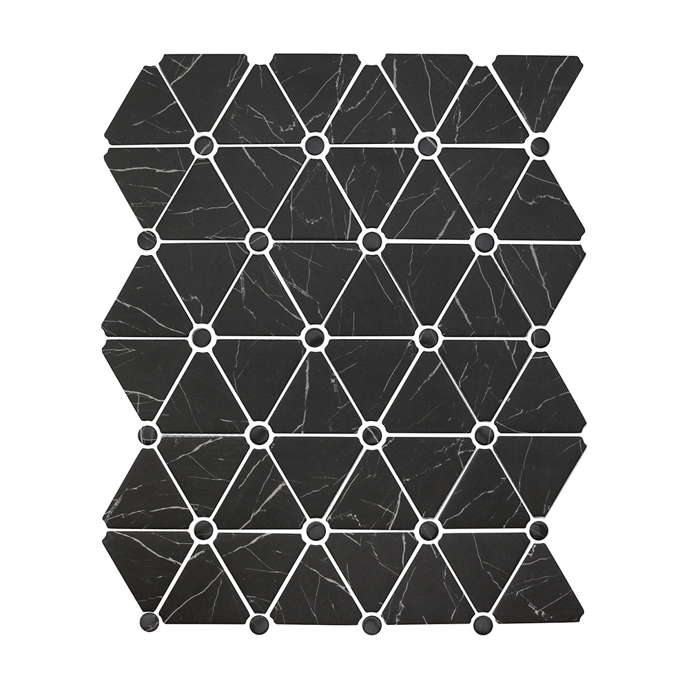 Blended Elegance Nero Marquina pressed-glass triangle mosaic sheet.