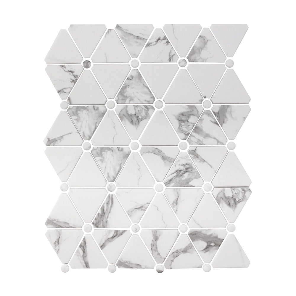 Blended Elegance White Carrara pressed-glass triangle mosaic sheet.