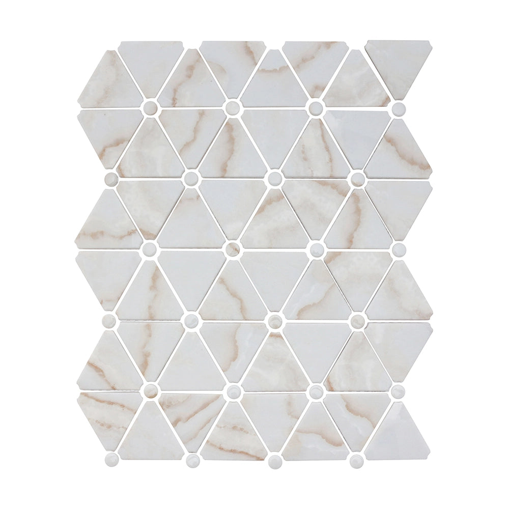 Blended Elegance Calacatta Oro pressed-glass triangle mosaic sheet.