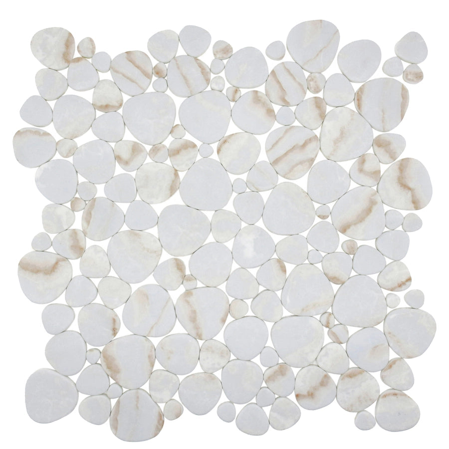 Blended Elegance Calacatta Oro pressed-glass pebble mosaic sheet.