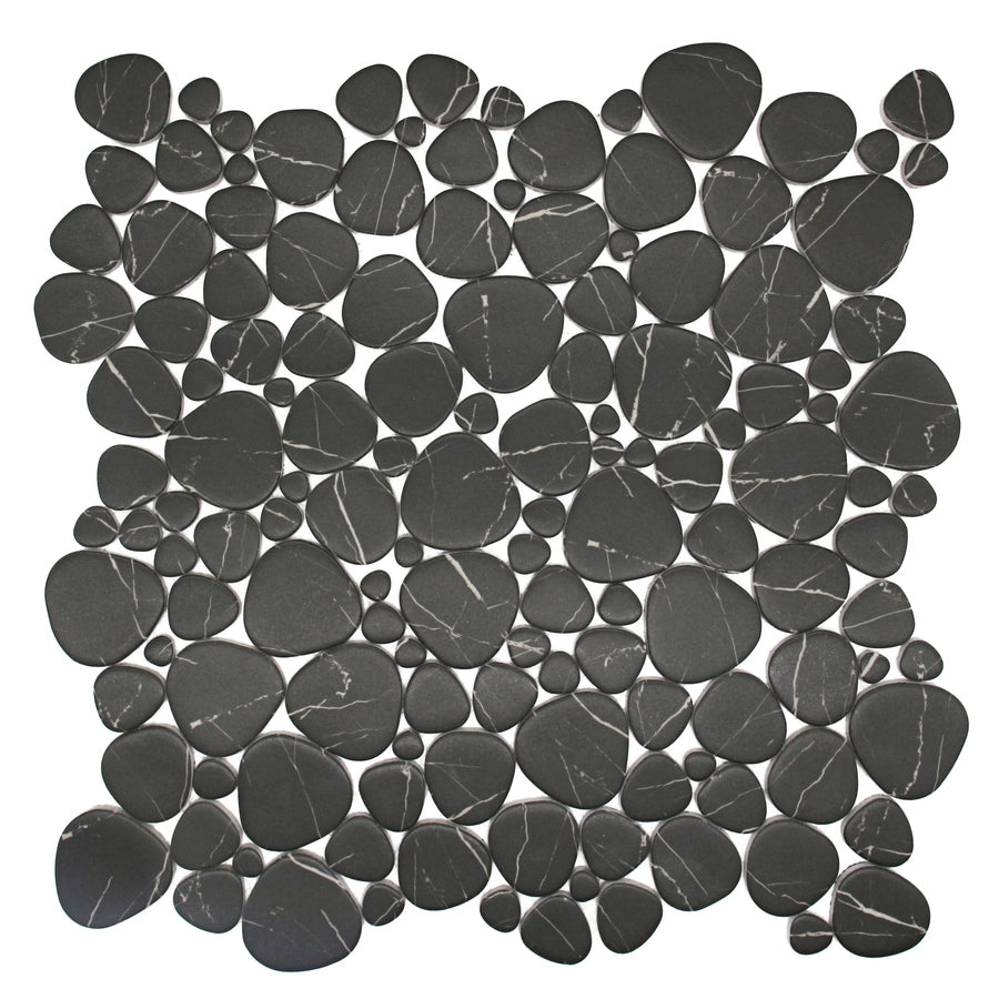 Blended Elegance Nero Marquina pressed-glass pebble mosaic sheet.