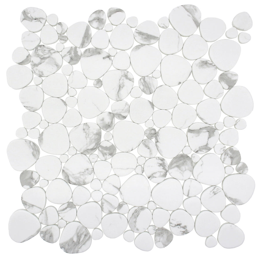 Blended Elegance White Carrara pressed-glass pebble mosaic sheet.