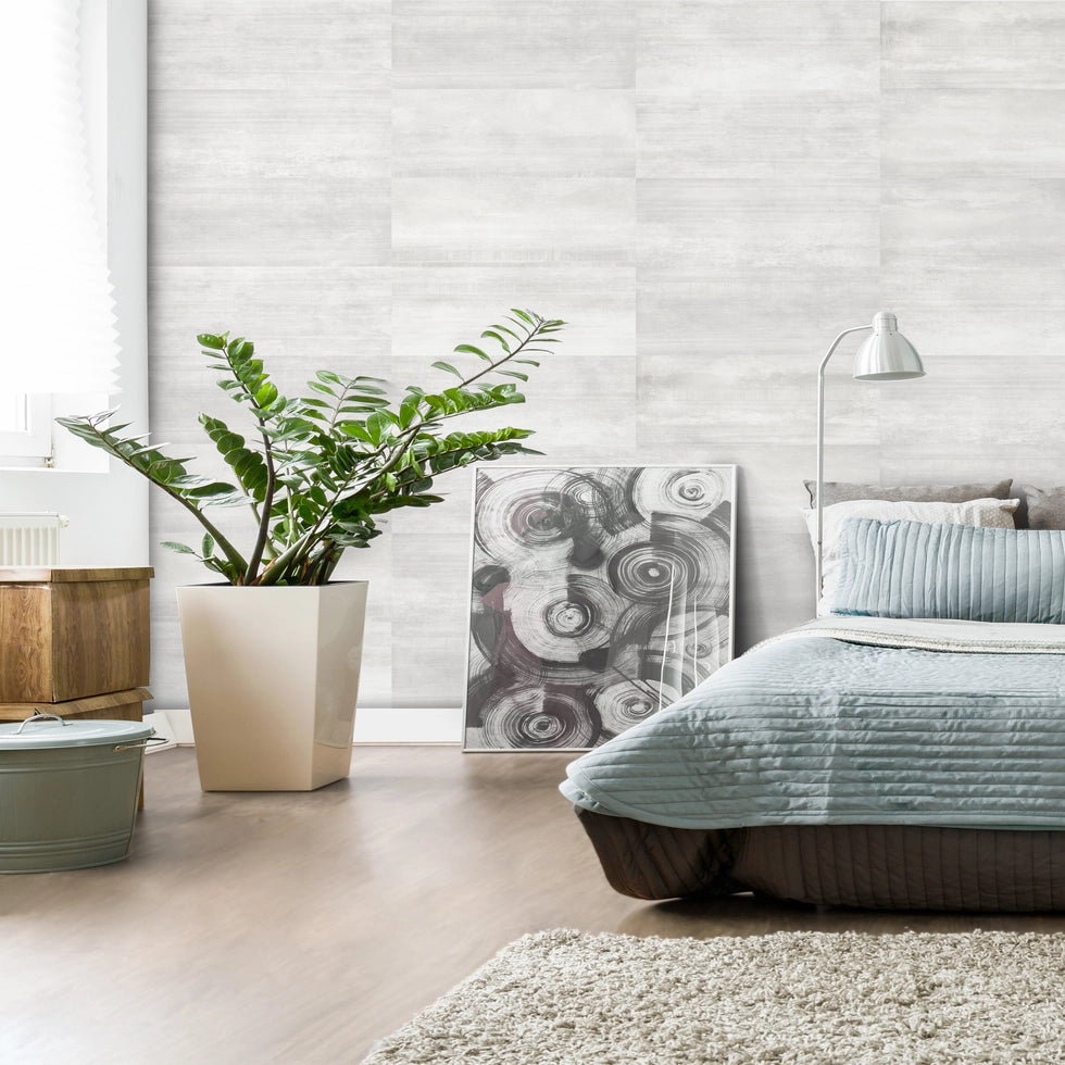 Stria Sterling Gray 12×24 linear porcelain tile installed in a contemporary interior.