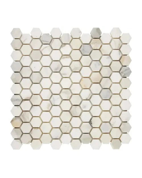 Calacatta Gold marble 1-inch hexagon mosaic in polished or honed finish.