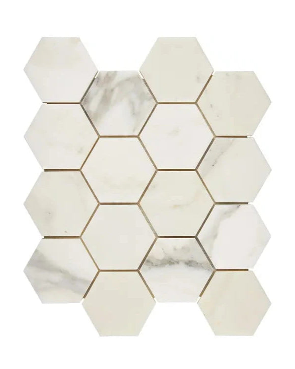 Calacatta Gold marble 3-inch hexagon mosaic in polished or honed finish.