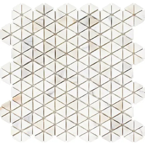 Calacatta Gold triangular hexagon marble mosaic with a tumbled finish.