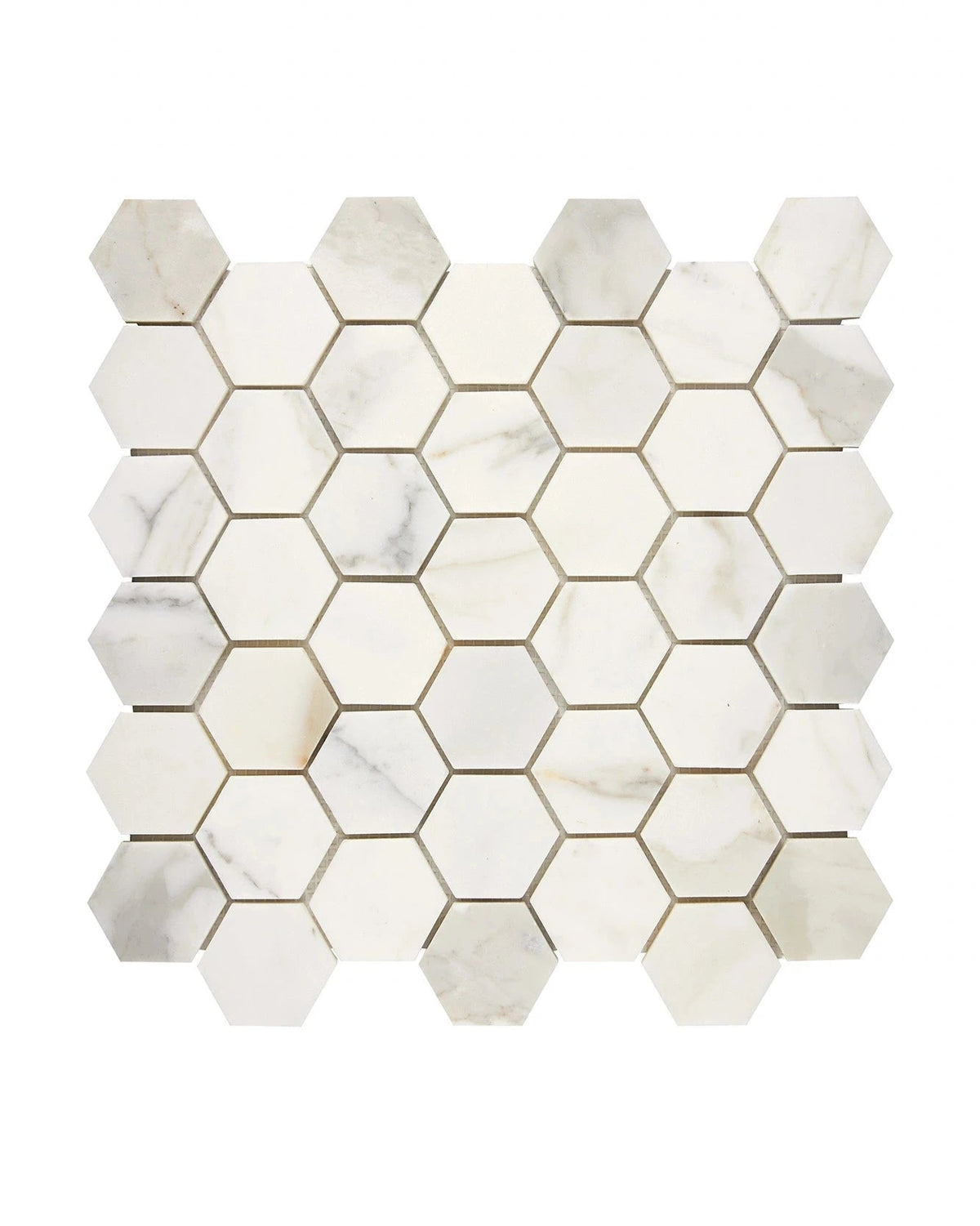 Calacatta Gold polished 2-inch hexagon marble mosaic.
