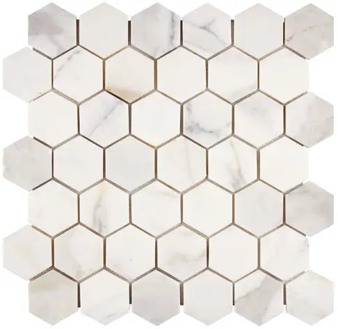 Calacatta Gold honed 2-inch hexagon marble mosaic.