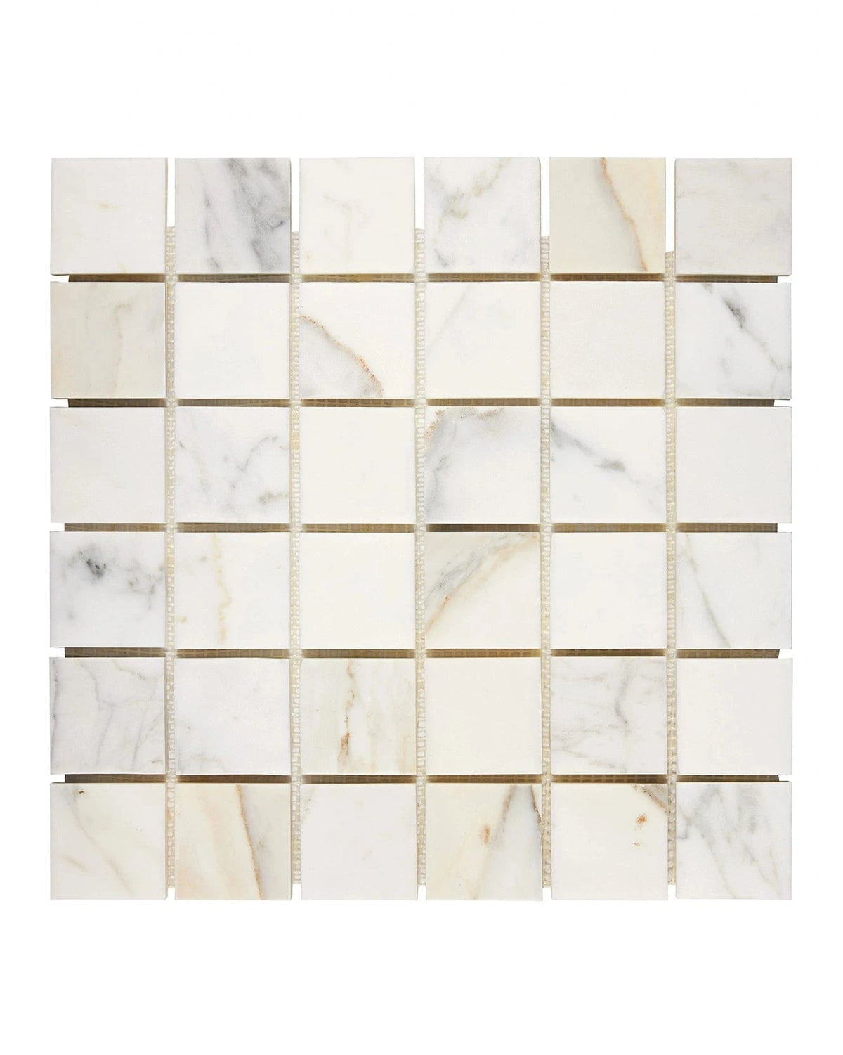 Calacatta Gold polished 2×2 square marble mosaic.