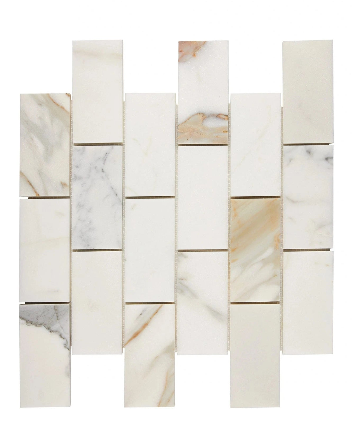 Calacatta Gold polished 2×4 brick marble mosaic.