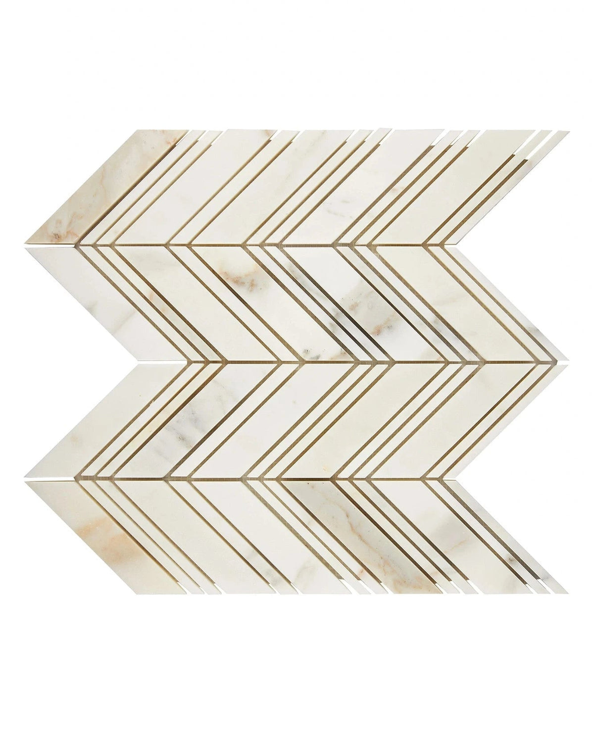 Calacatta Gold large chevron marble mosaic with matching white accents.