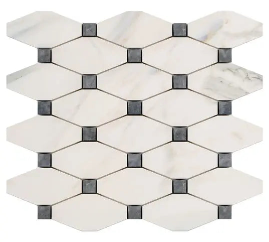 Calacatta Gold elongated hexagon mosaic with blue-gray accent dots.