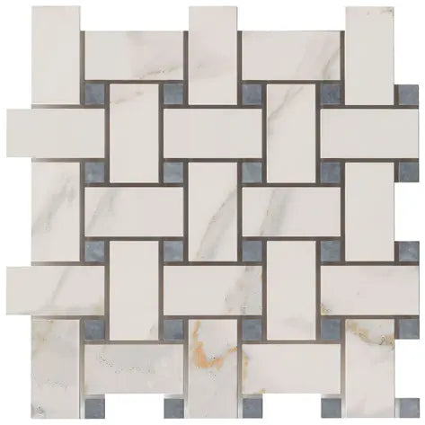 Calacatta Gold large basketweave mosaic with blue-gray accent dots.