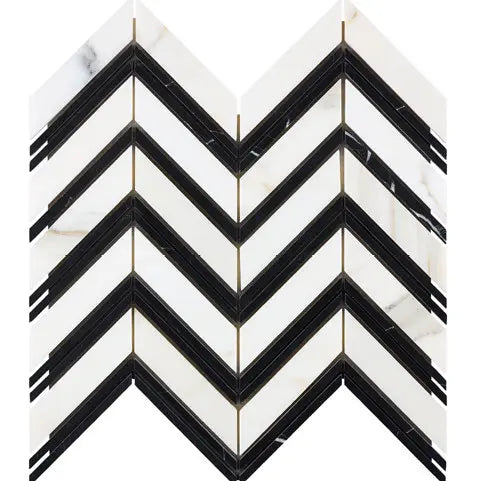 Calacatta Gold large chevron marble mosaic with black accent strips.