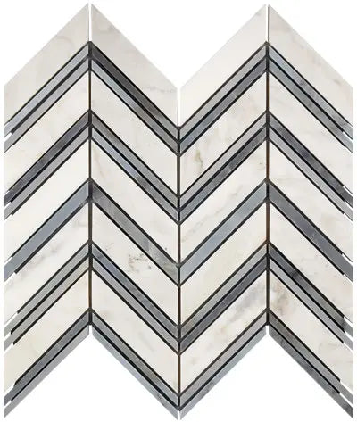Calacatta Gold large chevron marble mosaic with blue accent strips.