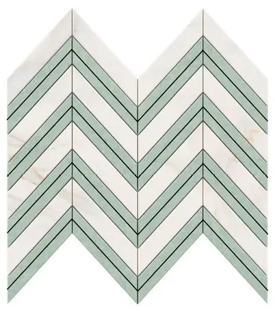 Calacatta Gold large chevron marble mosaic with green accent strips.