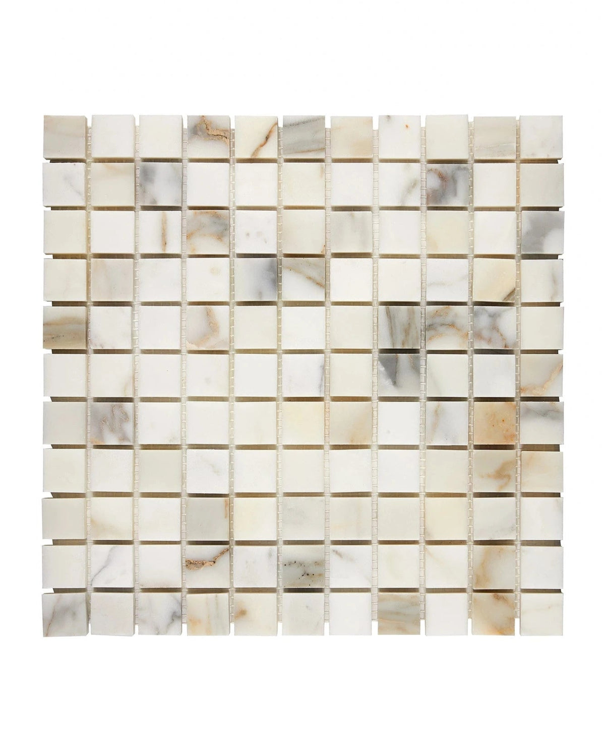 Calacatta Gold 1×1 square marble mosaic in polished or honed finish.