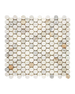 Calacatta Gold Marble Penny Round Mosaic – Polished Finish – Luxury White & Gold Veining