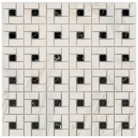 Calacatta Gold pinwheel mosaic with black accent dots.