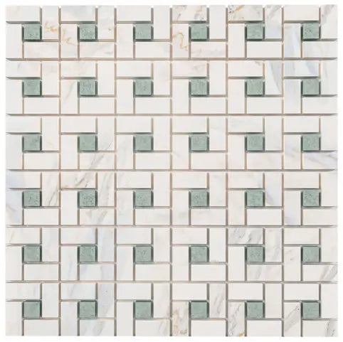 Calacatta Gold pinwheel mosaic with green accent dots.