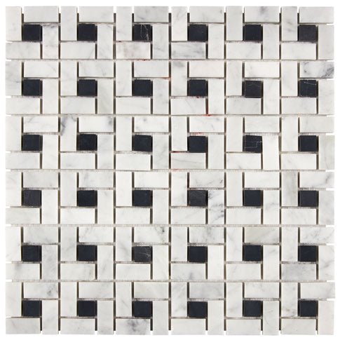 Carrara White Gioia marble pinwheel mosaic with dark accent dots; confirm stocked accent color.