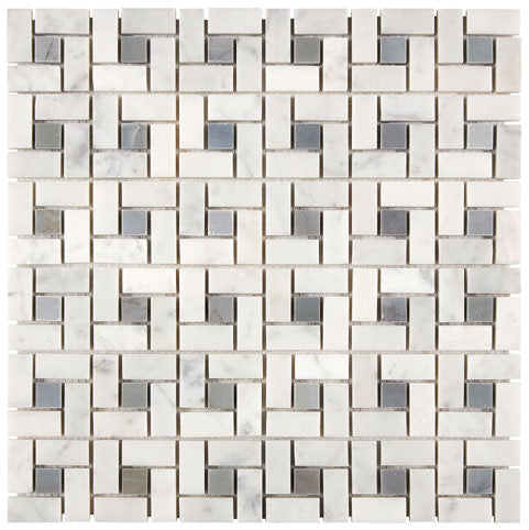 Carrara White Gioia marble pinwheel mosaic with blue accent dots; confirm whether this color is actively sold.