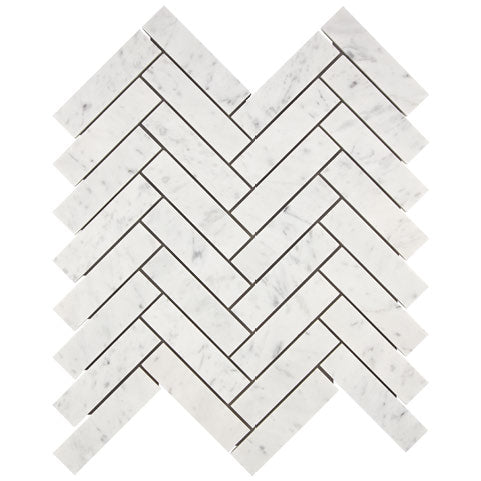 Carrara White Gioia polished 1×4 herringbone marble mosaic.